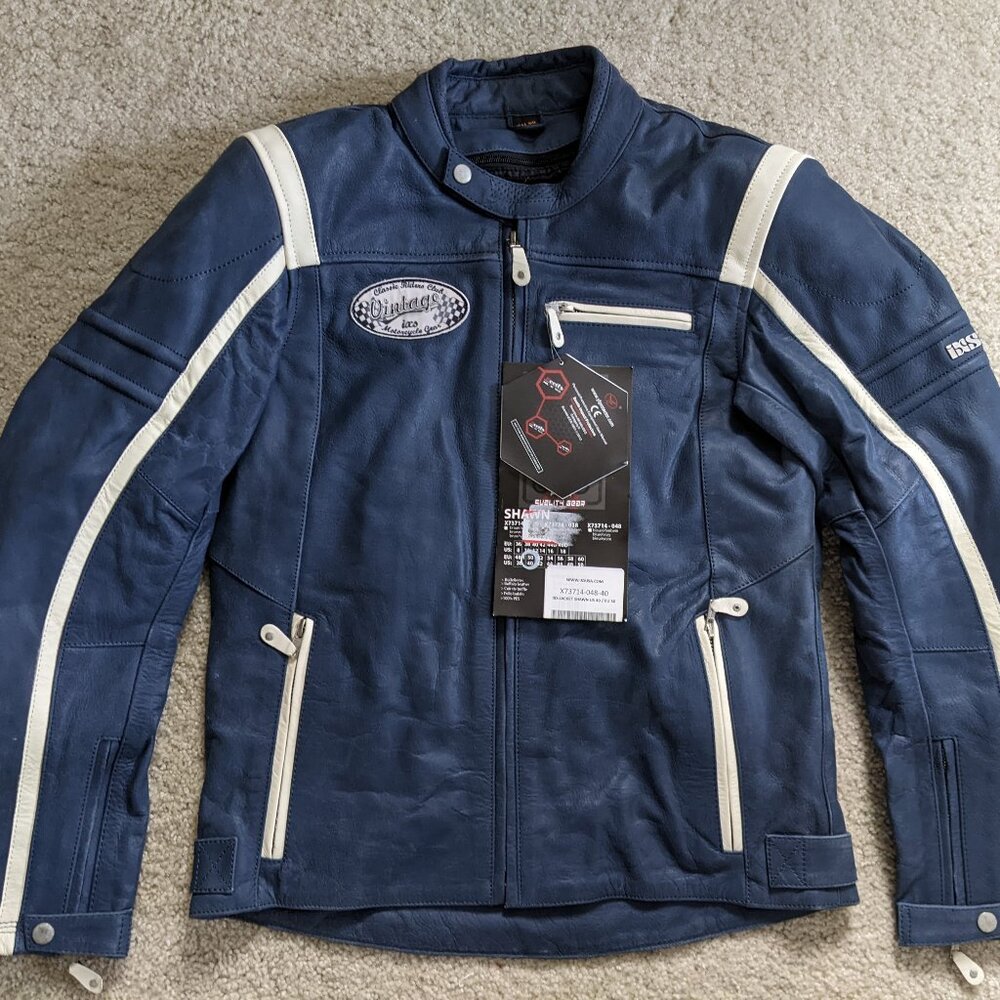 IXS Shawn Motorcycle Jacket "Spirit of 79" Blue & Ivory Leather Men US 40/EU 50
